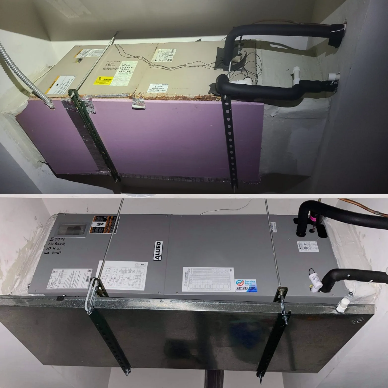Before and after photos of an air handler replaced by Service Pro's Air Conditioning