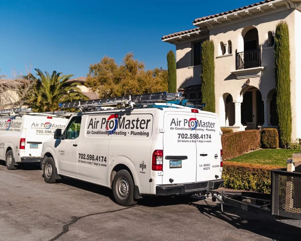 Air Pro Master service vans parked outside a Las Vegas home