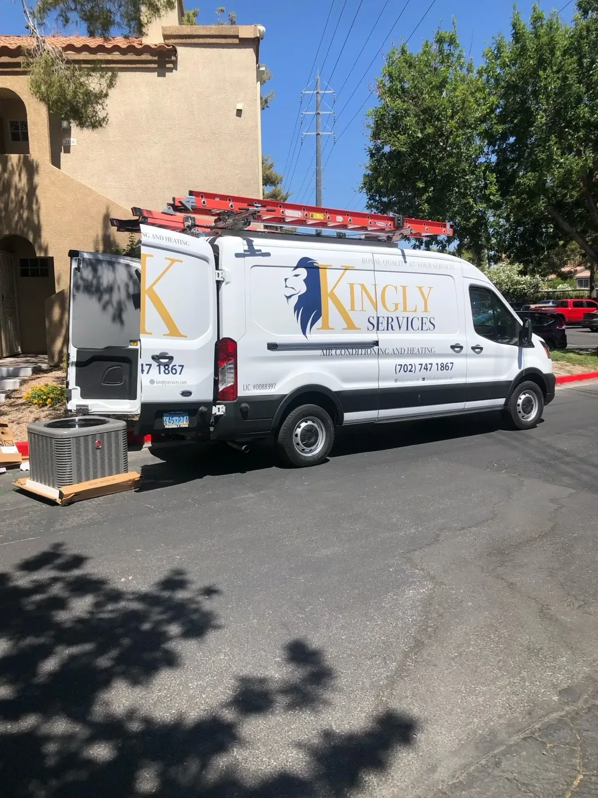 Kingly Services van at a home installation with a new outdoor unit