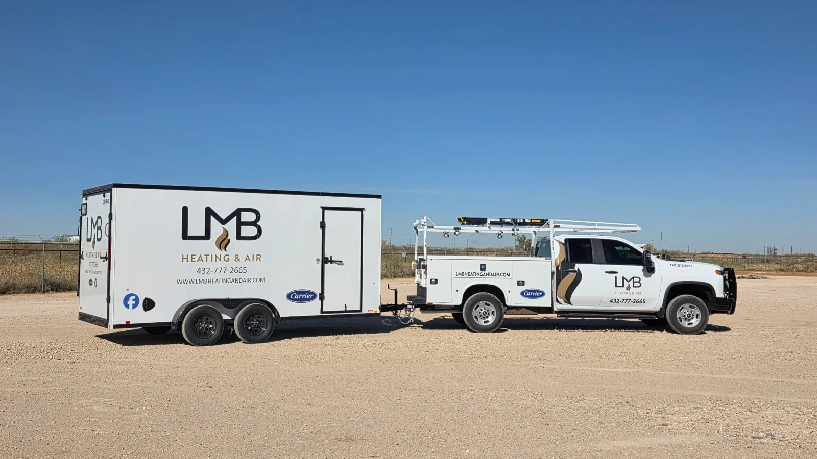LMB Heating & Air service truck and branded trailer