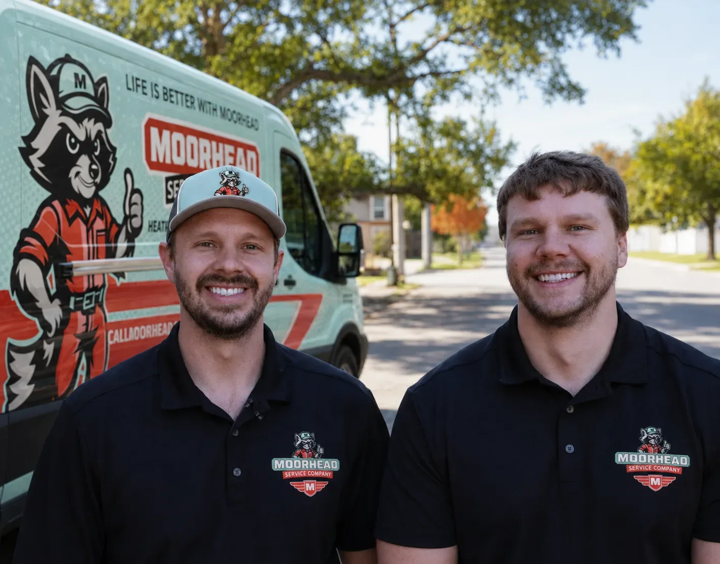 Owners Levi and Justin Moorhead in front of a Moorhead service truck
