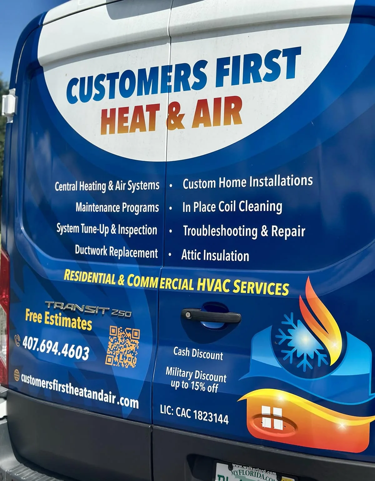 Side of a Customers First Heat & Air van listing its services and license number