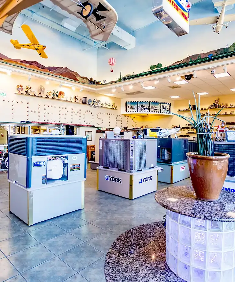 Air conditioning units on display in Hendel's showroom in Chandler