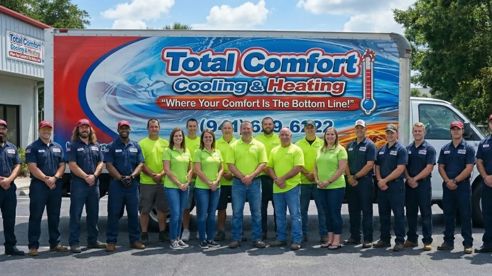 Total Comfort Cooling & Heating staff in front of a company box truck
