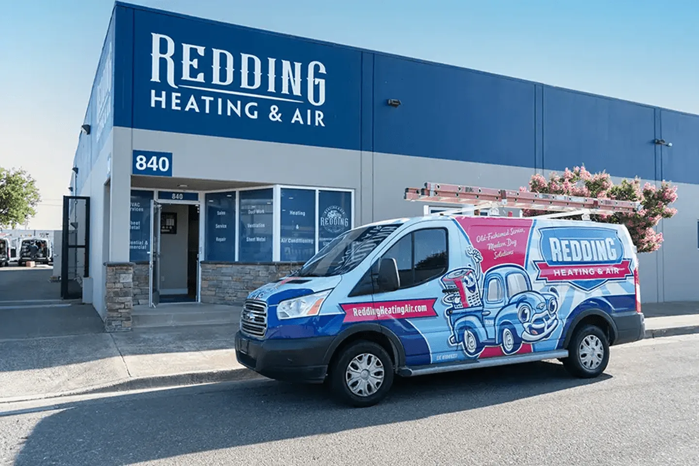 Redding Heating & Air office on Commerce Street with a company van