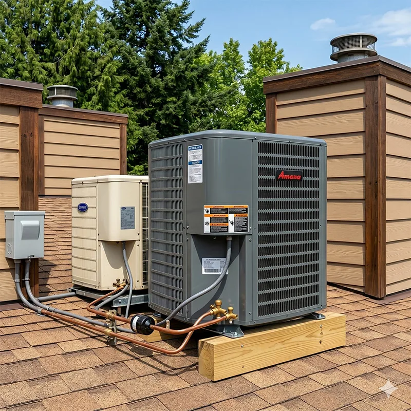 Air conditioning condenser installed on a roof deck by M&S Heating and Air