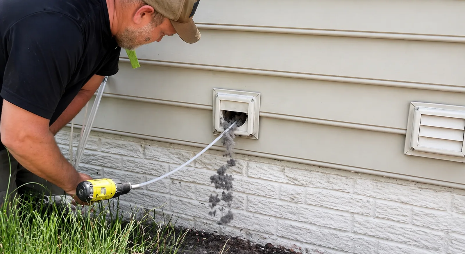 Fresh Air technician cleaning an exterior dryer vent