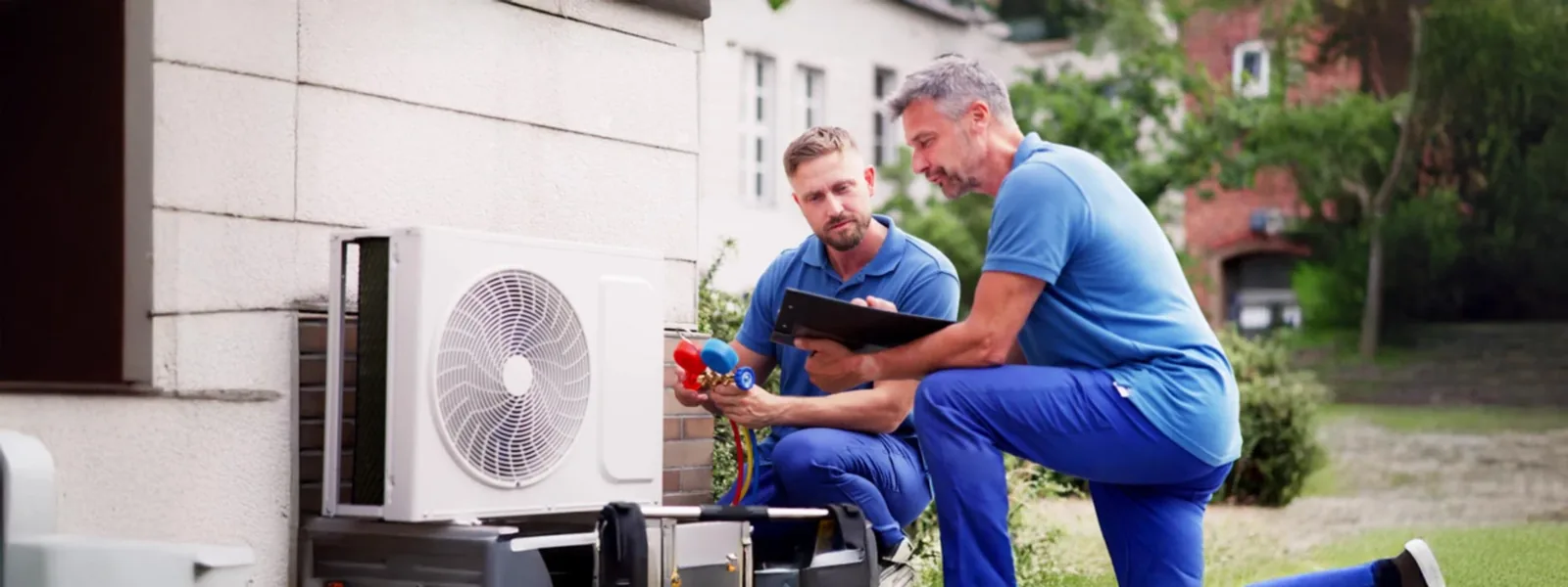 Two Tri-R Mechanical technicians servicing an outdoor AC unit