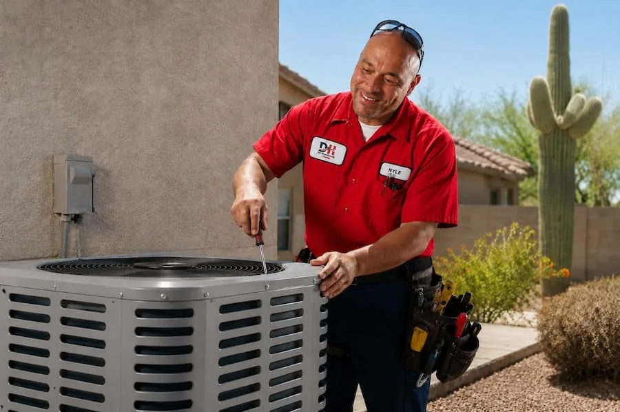 D&H technician servicing an outdoor air conditioning unit